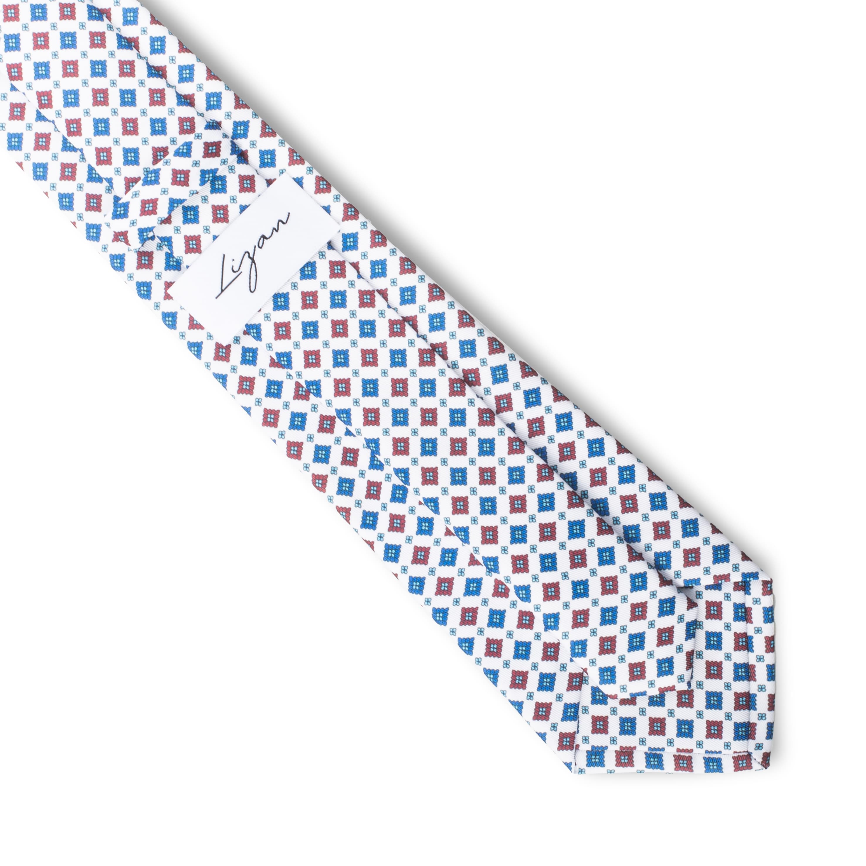 Corbata Lizan Geométrica Blanco, Azul & Burdeos